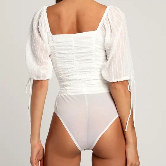 Lulus Think of Me Ivory Swiss Dot Ruched Bodysuit - Picture 7 of 7